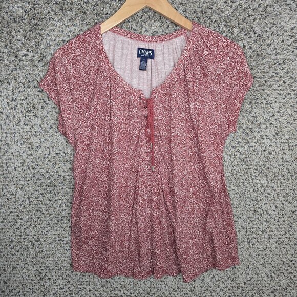 Chaps Top Womens Medium Red Short Sleeve Lace Up Tee Printed Casual Ladies - Picture 1 of 7